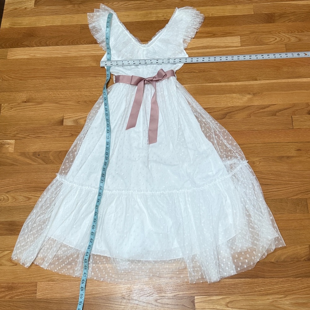White Swiss Dot Tulle V-neck Dress with Pink Sash - Picture 9 of 12